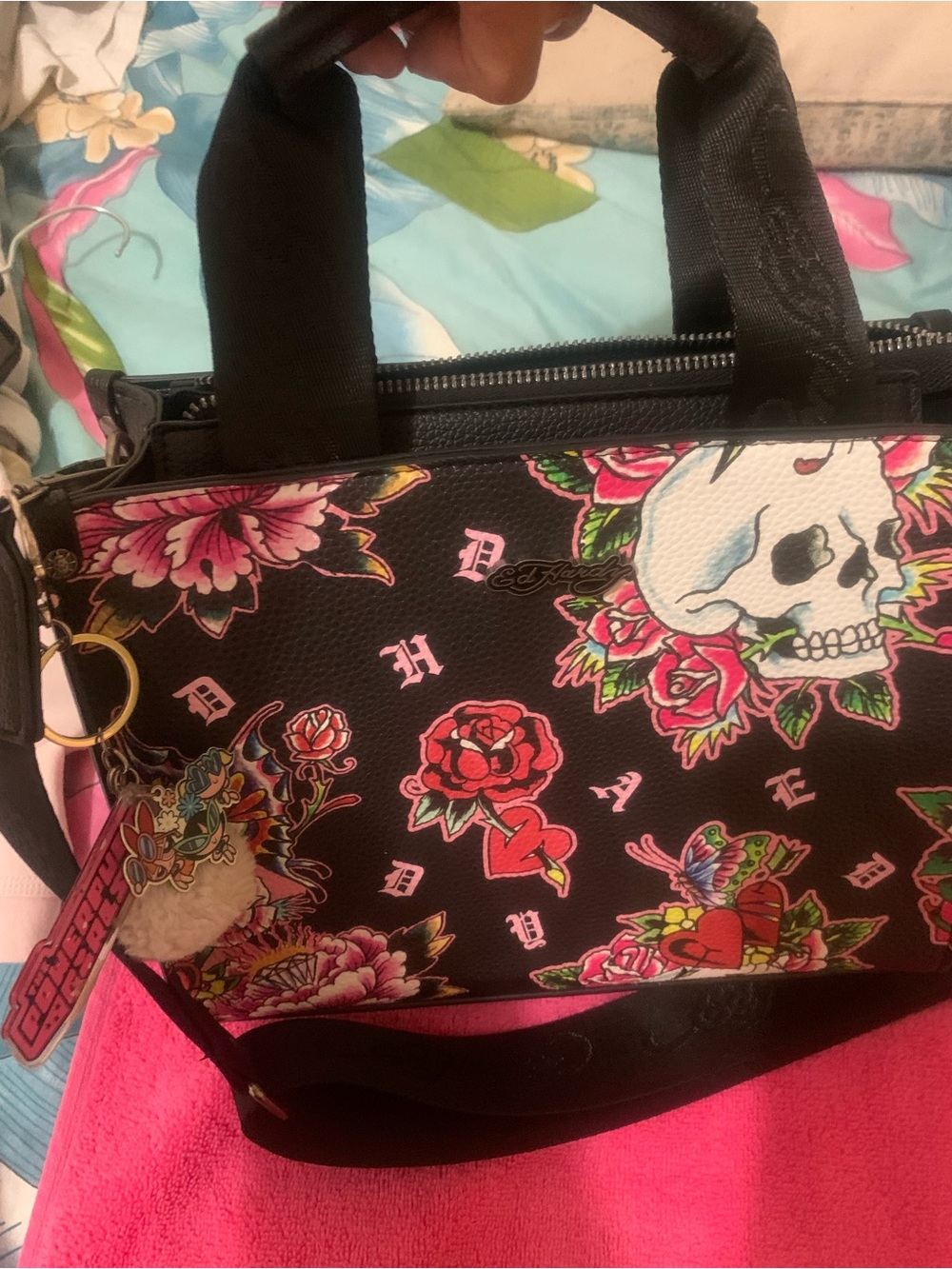Ed Hardy Black Floral Skull Crossbody Satchel with Pink Accents